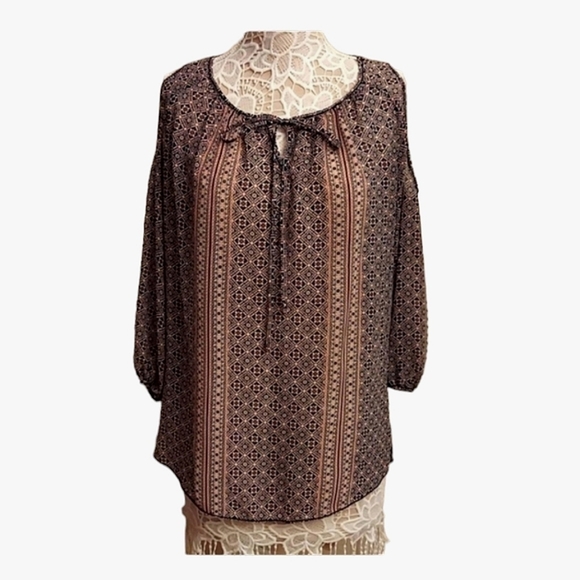 MAX EDITION Boho Sheer Cold Shoulder Patterned Tunic - Picture 1 of 12